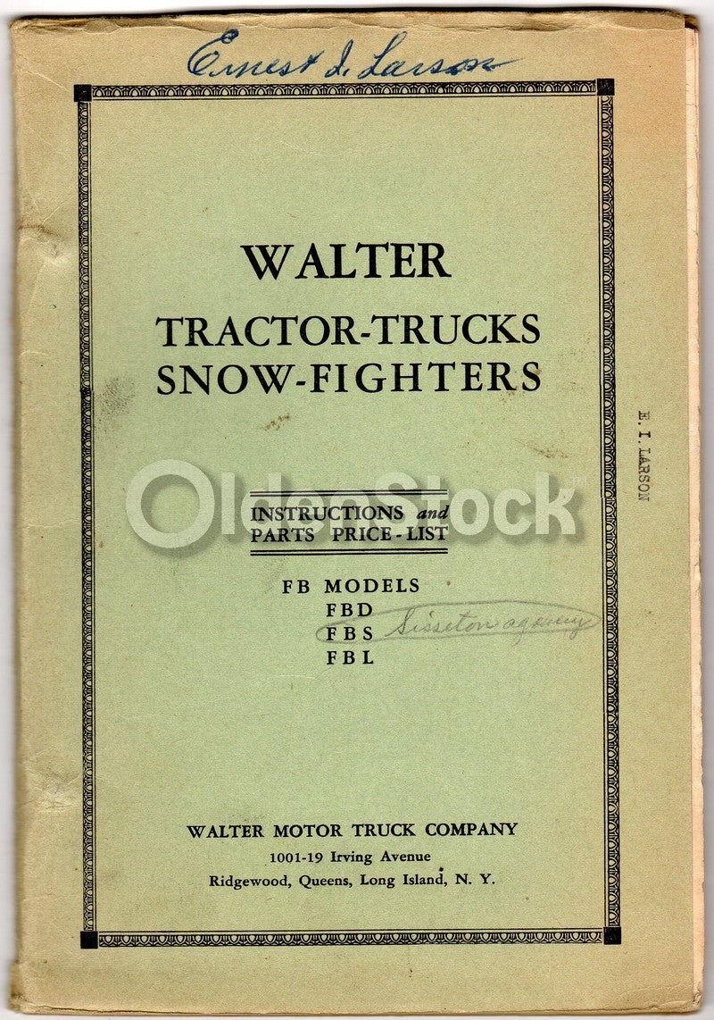 Walter Tractor Snow Fighter Trucks Queens NY Antique Auto Repair Parts List 1936
