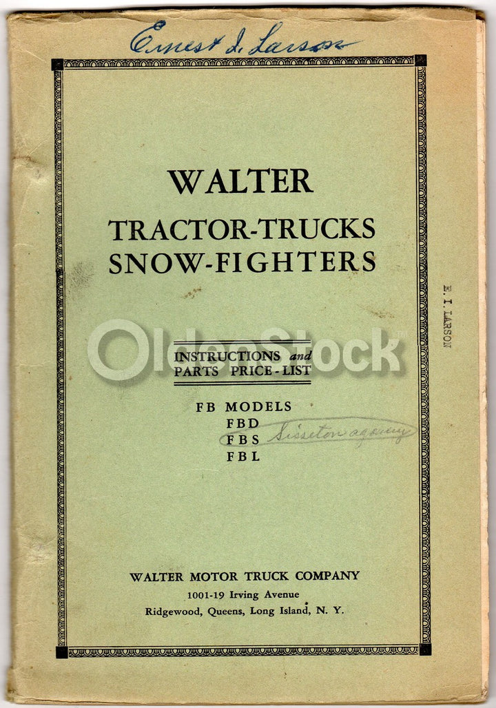 Walter Tractor Snow Fighter Trucks Queens NY Antique Auto Repair Parts List 1936
