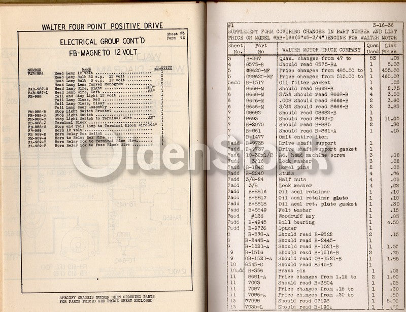 Walter Tractor Snow Fighter Trucks Queens NY Antique Auto Repair Parts List 1936