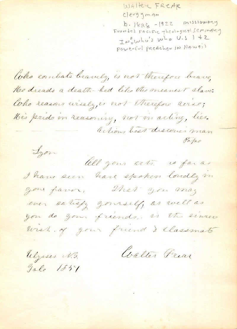 Rev Walter Frear Hawaii Pacific Theological Seminary Antique Autograph Signed Letter