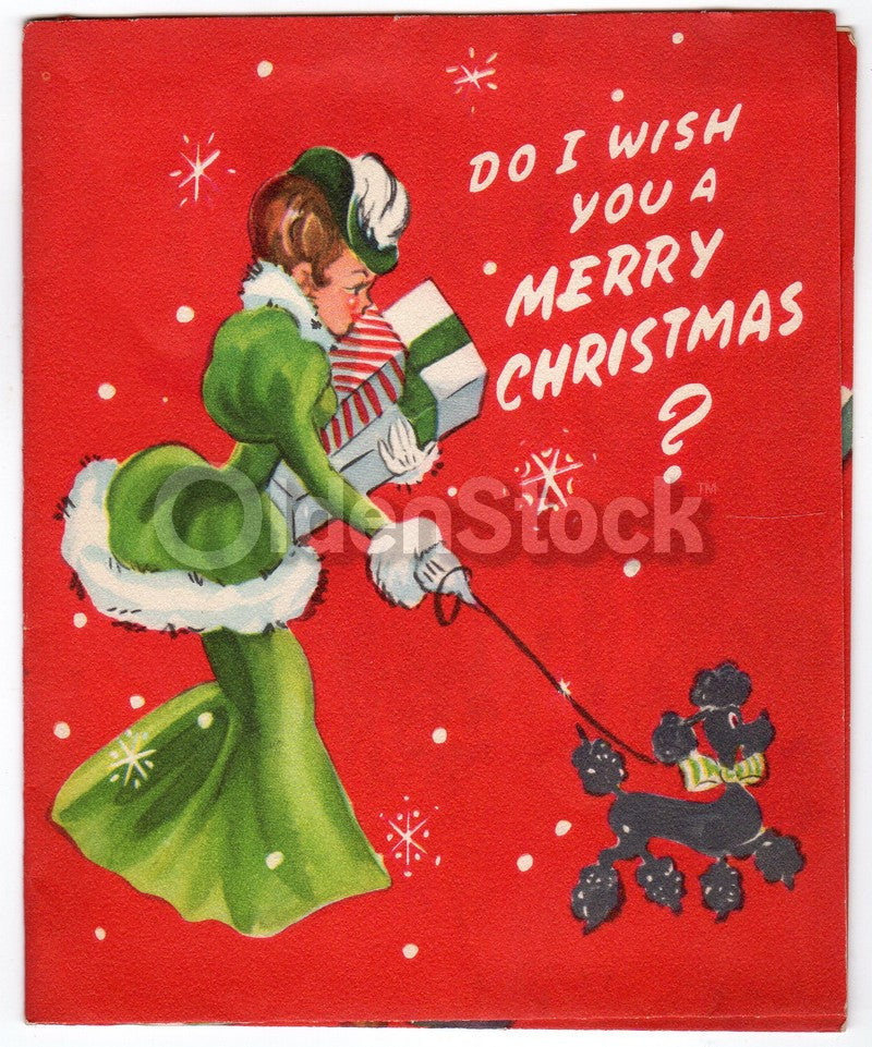 Large Black Poodle Dog & Woman Vintage Graphic Art Christmas Greeting Card