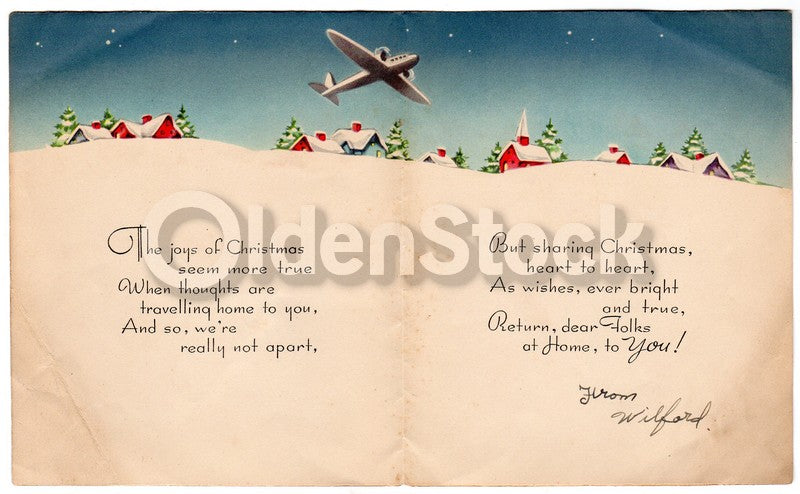 WWII US Air Force Bomber Plane Vintage Graphic Art Christmas Greeting Card