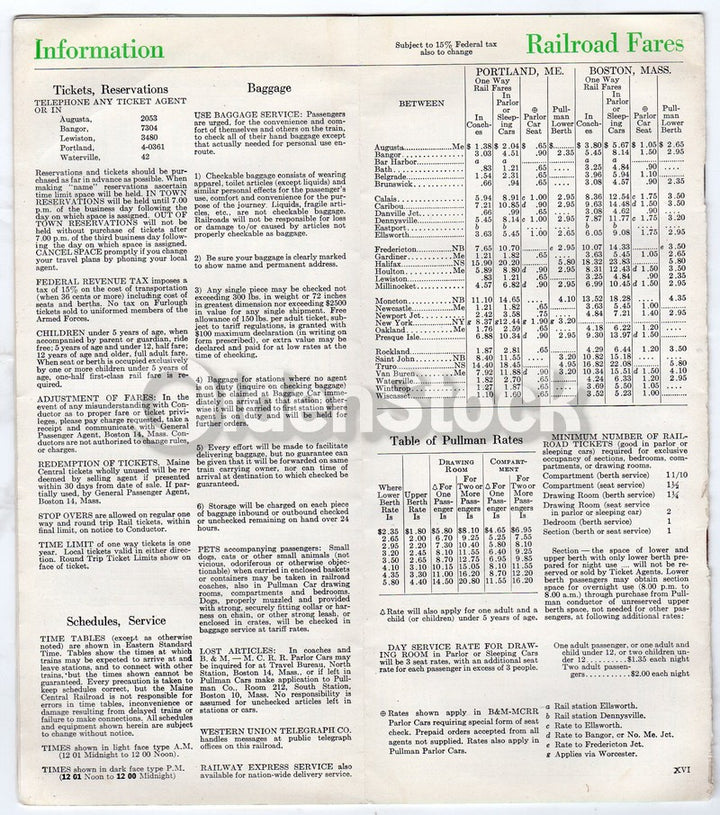 Maine Central Railroad & Bus Vintage 1940s Timetable Rates Brochure