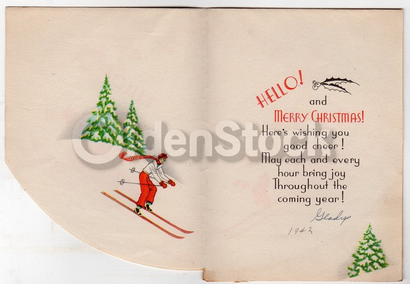 Cheerio! Woman Snow Skiing Vintage Graphic Art Christmas Greeting Card