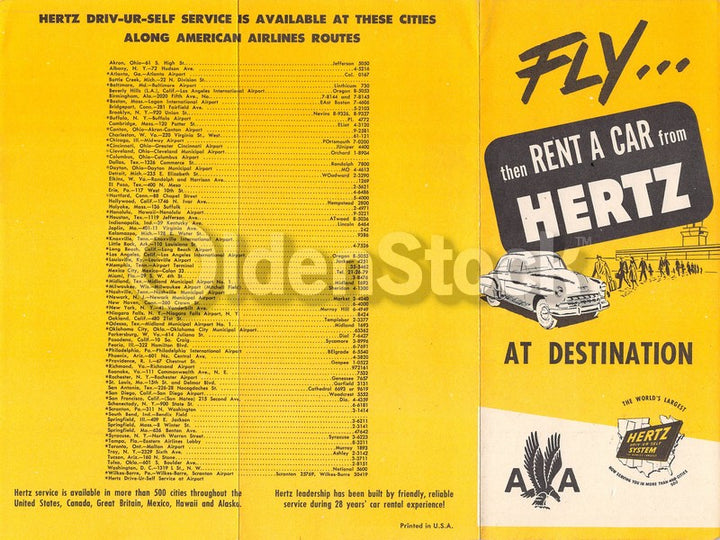 American Airlines Routes Hertz Car Rentals Vintage Graphic Advertising Brochure