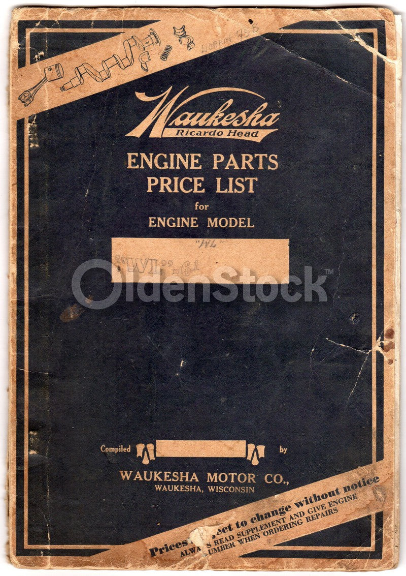 Waukesha Motor Company Wisconsin Antique Auto Repair Parts List Manual 1934