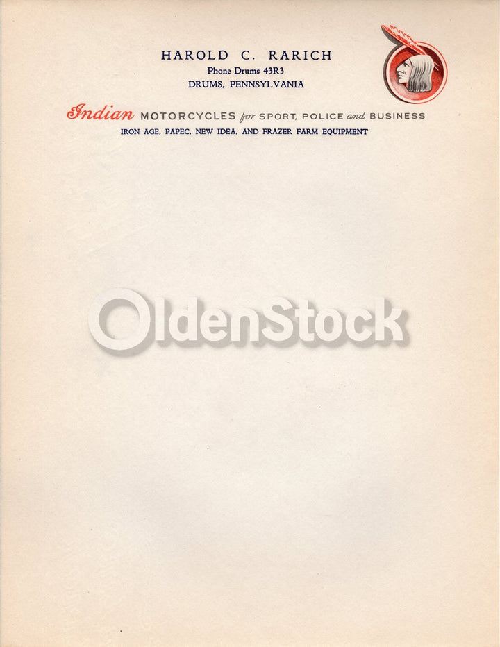 Indian Hendee Motorcycle Dealer in Pennsylvania Antique Advertising Letterhead