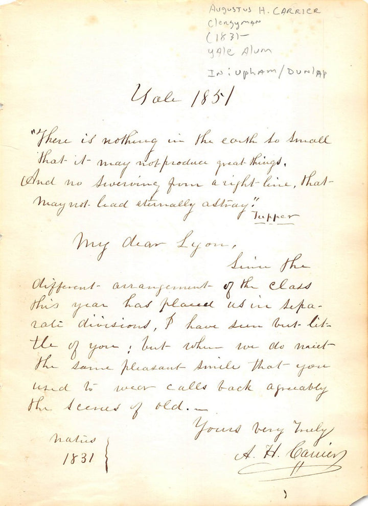 Augustus Carrier Yale Christian Clergyman Antique Autograph Signed Letter 1831