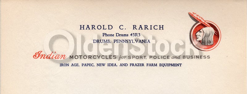 Indian Hendee Motorcycle Dealer in Pennsylvania Antique Advertising Letterhead