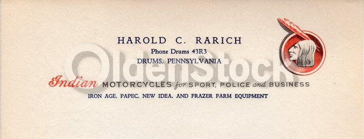 Indian Hendee Motorcycle Dealer in Pennsylvania Antique Advertising Letterhead