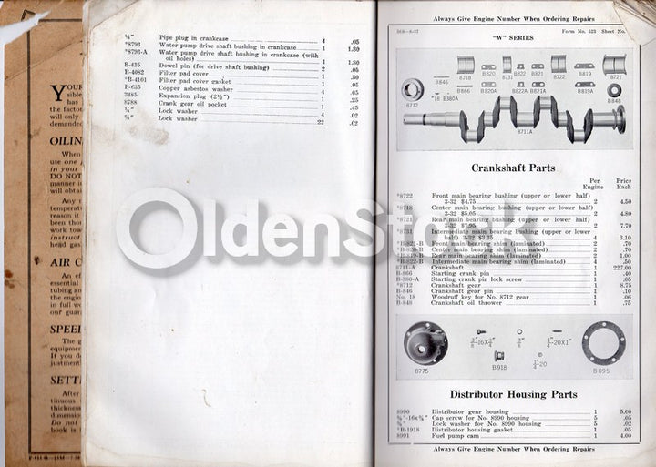 Waukesha Motor Company Wisconsin Antique Auto Repair Parts List Manual 1934