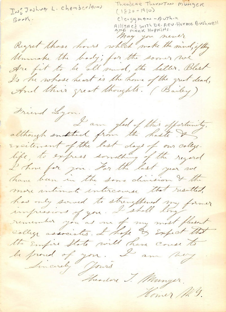 Theodore Munger Christian Minister and Author Antique Autograph Signed Letter 1831
