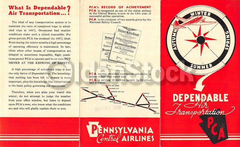 Pennsylvania Central Airlines Secure Flights Vintage Graphic Advertising Brochur