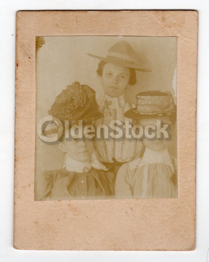 Lovely Young Lady Girlfriends in Hats Antique Victorian Photo on Board