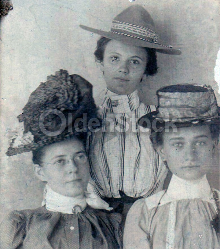 Lovely Young Lady Girlfriends in Hats Antique Victorian Photo on Board