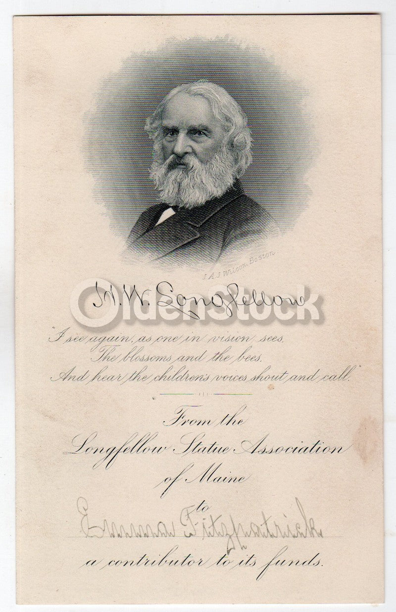 Henry Longfellow Statue Association of Maine Antique Poem Thank You Card