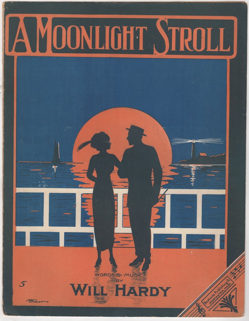 A Moonlight Stroll Antique Art Deco Sheet Music by Will Hardy 1913