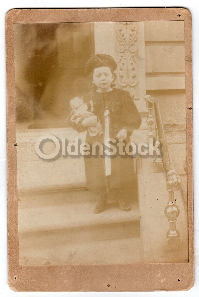 Lovely Little Girl with Porcelain Doll & Feather Hat Antique Cabinet Card Photo