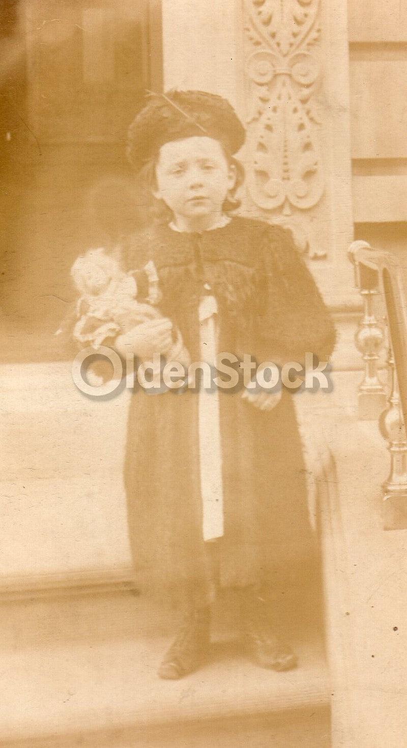 Lovely Little Girl with Porcelain Doll & Feather Hat Antique Cabinet Card Photo