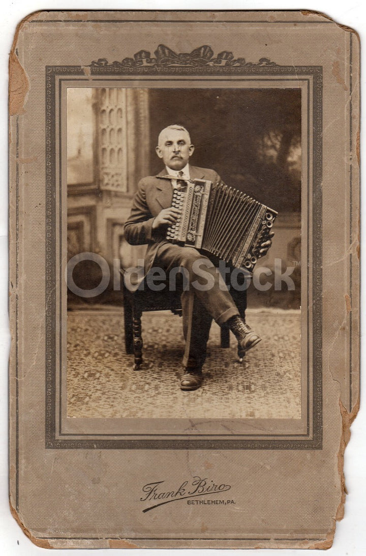 Man with Hlavacek Accordion Instrument Bethlehem PA Antique Photo on Board