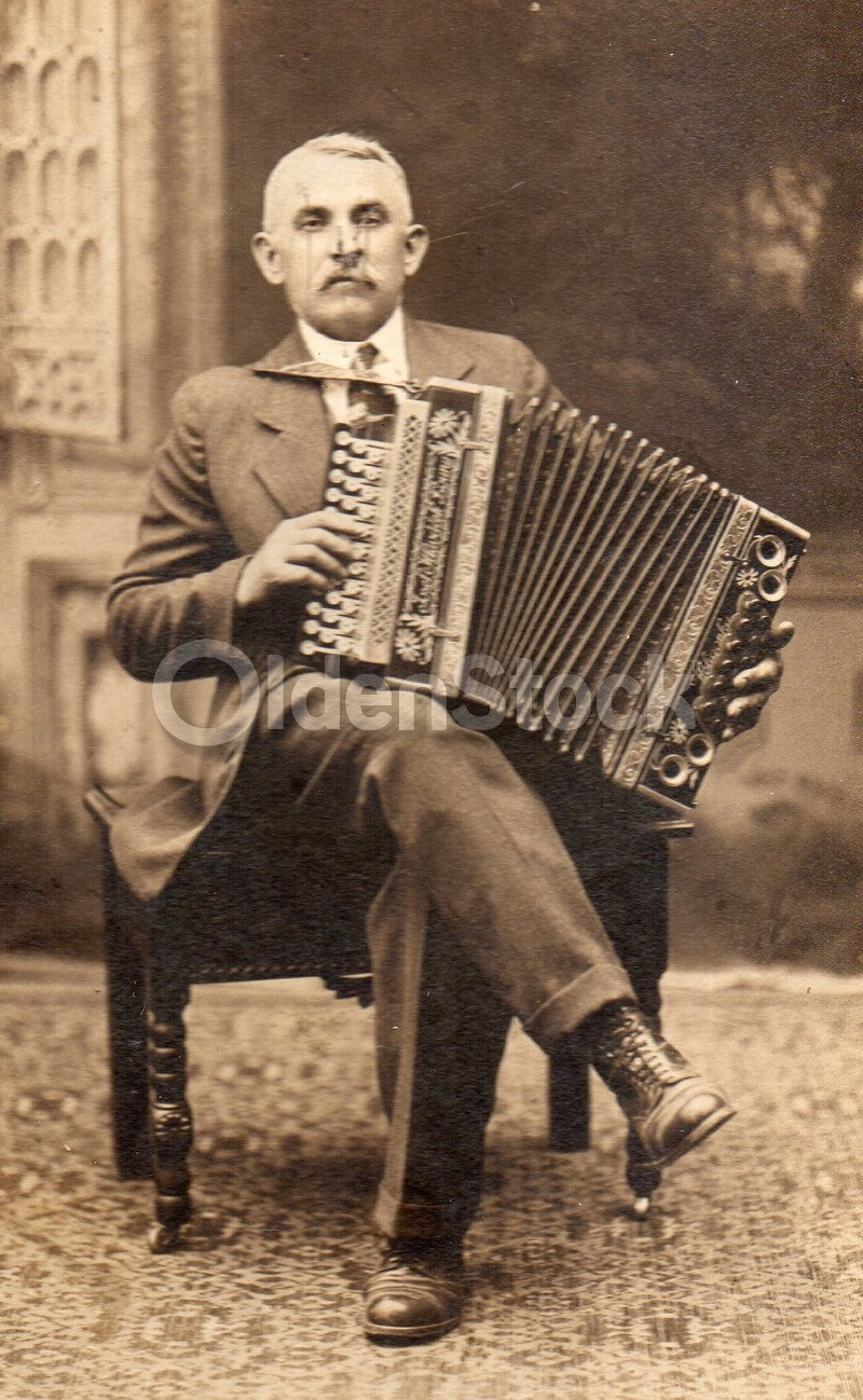 Man with Hlavacek Accordion Instrument Bethlehem PA Antique Photo on Board
