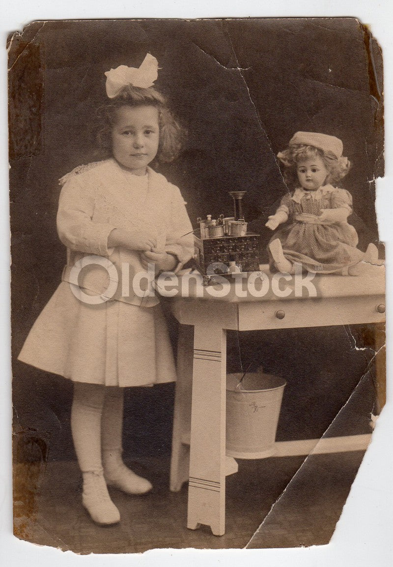 Cute Little Girl Toy Kitchen Set & Porcelain Doll Antique Snapshot Photo