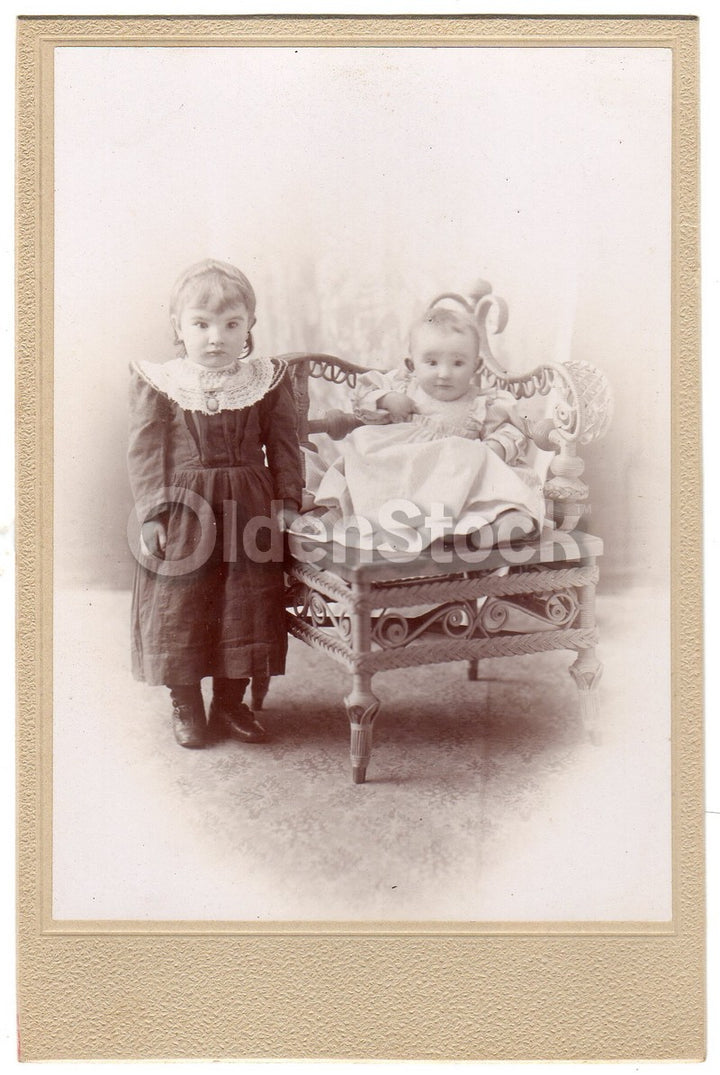Darling Little Girl & Baby Boy Antique Victorian Dress Cabinet Card Photo