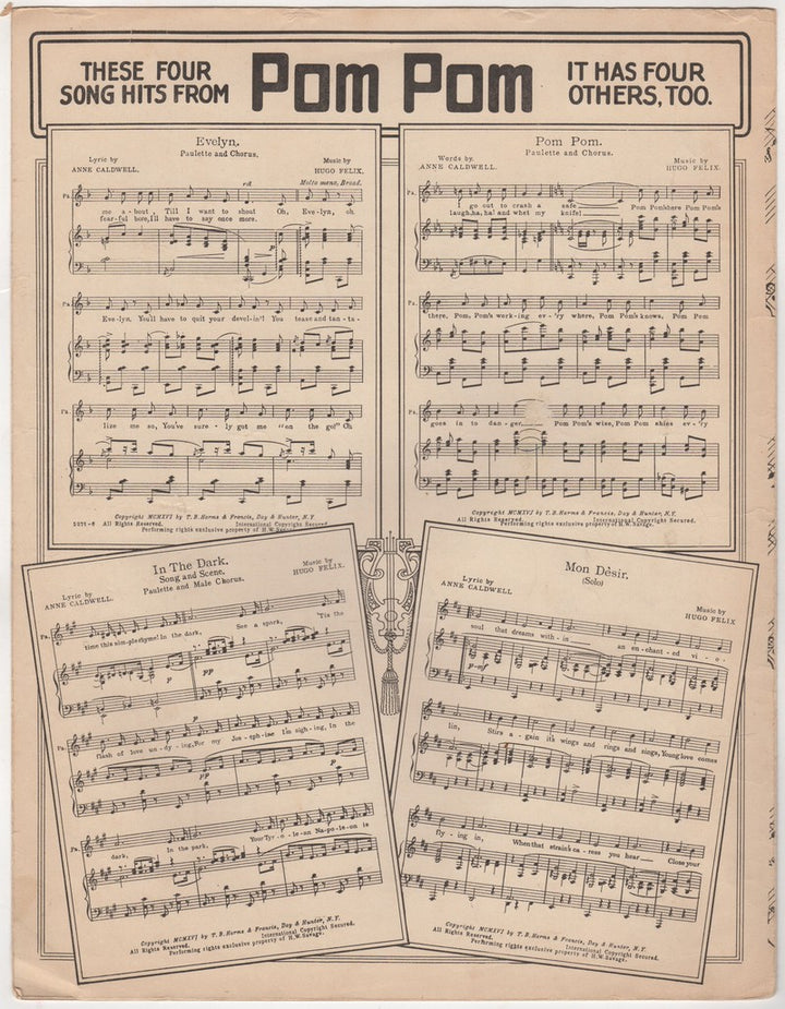 Mizzi Hajos Pom Pom Opera Song Antique Graphic Art Sheet Music 1916