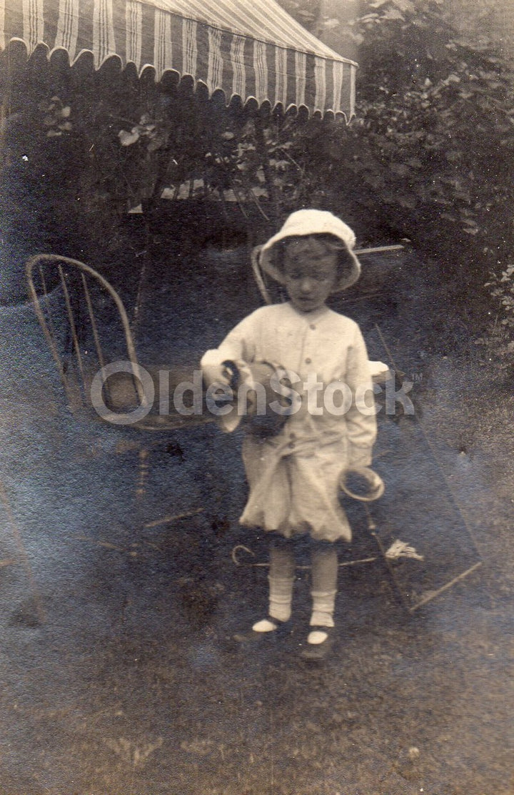 Cute Little Boy Indian Drum and Bugle Play Antique Snapshot Photo