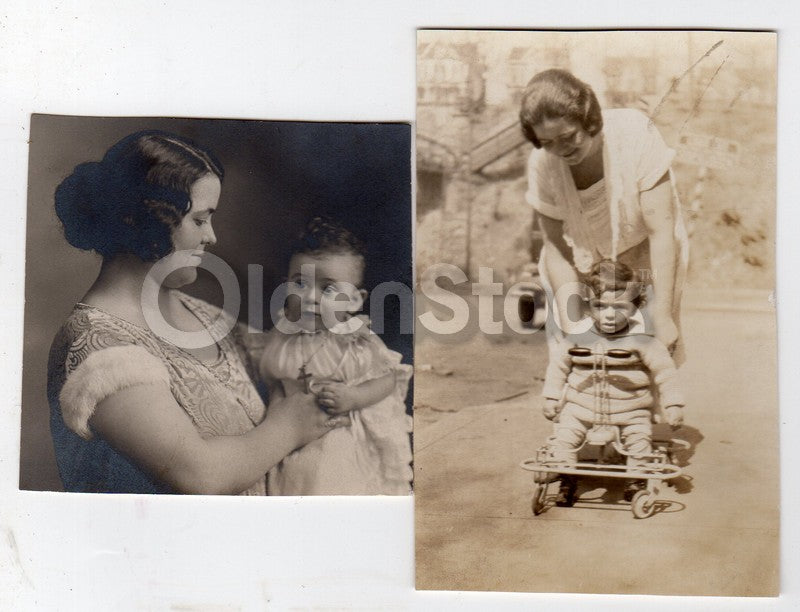 Lovely Young Mother Baby Baptism & Toy Cart Antique Snapshot Photos