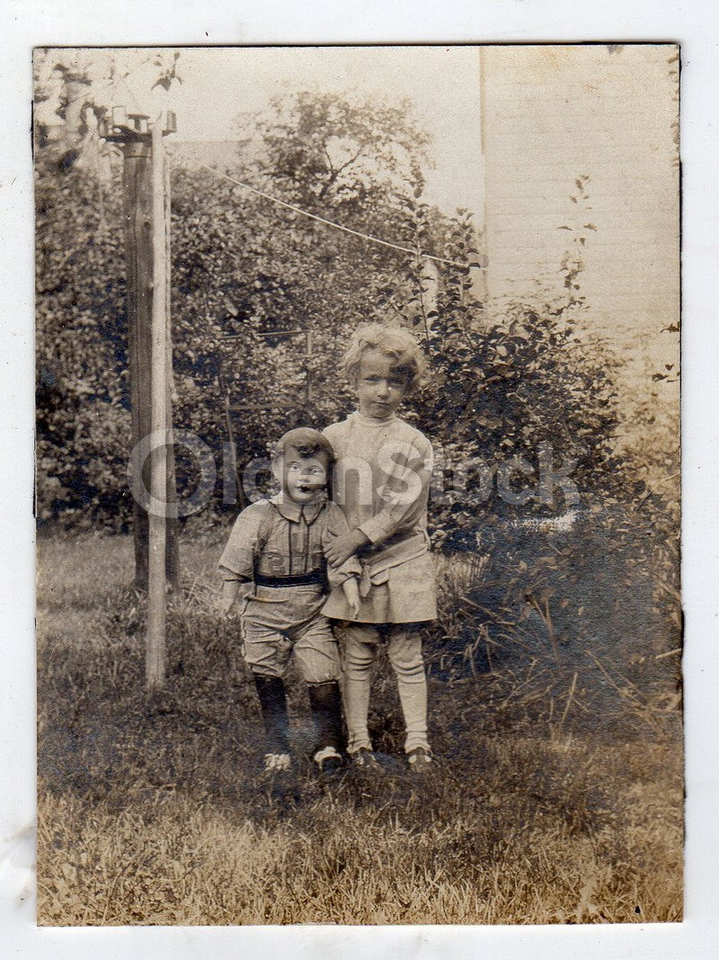 Great Baseball Player Composition Doll and Little Boy Antique Toys Snapshot Photo