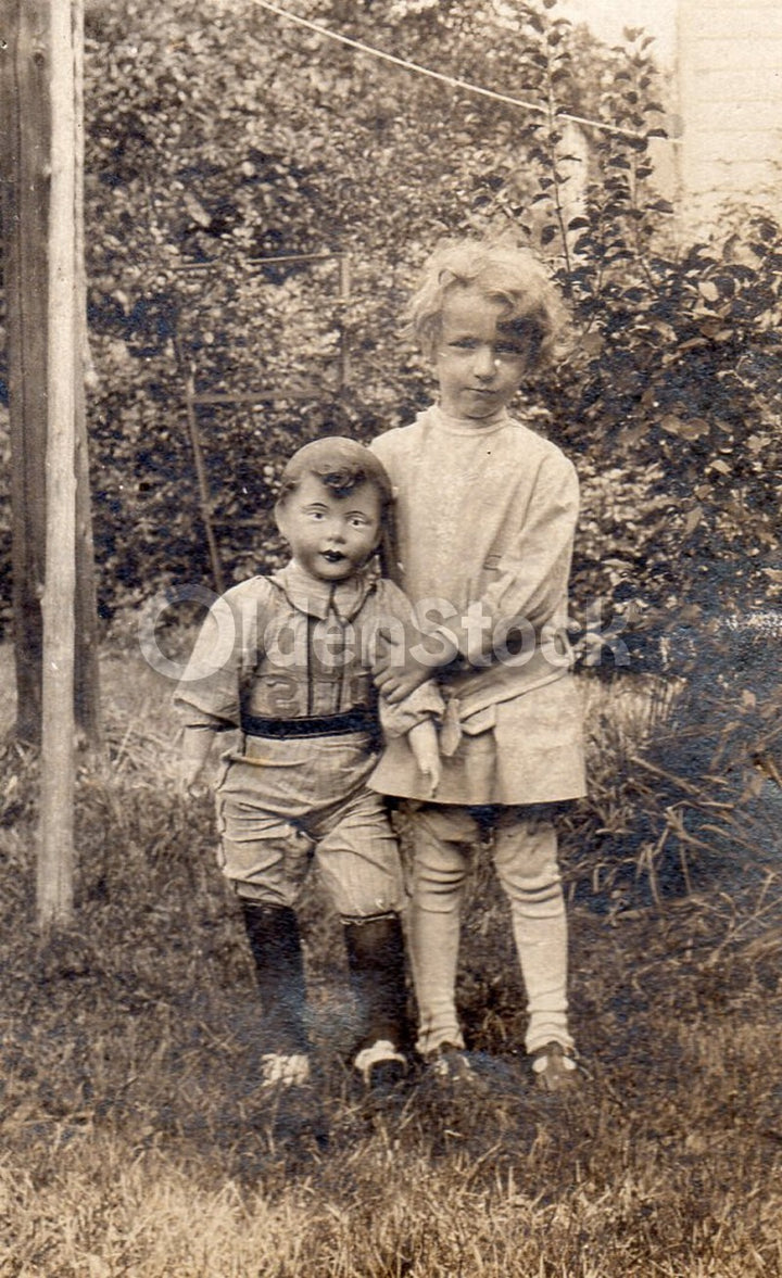 Great Baseball Player Composition Doll and Little Boy Antique Toys Snapshot Photo