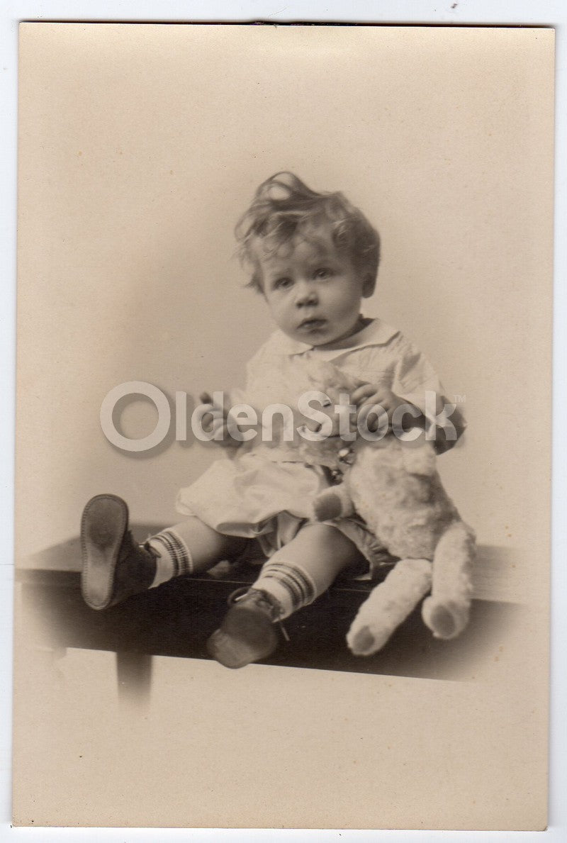 Cute Little Boy with Stuffed Animal Teddy Bear Antique Snapshot Photo