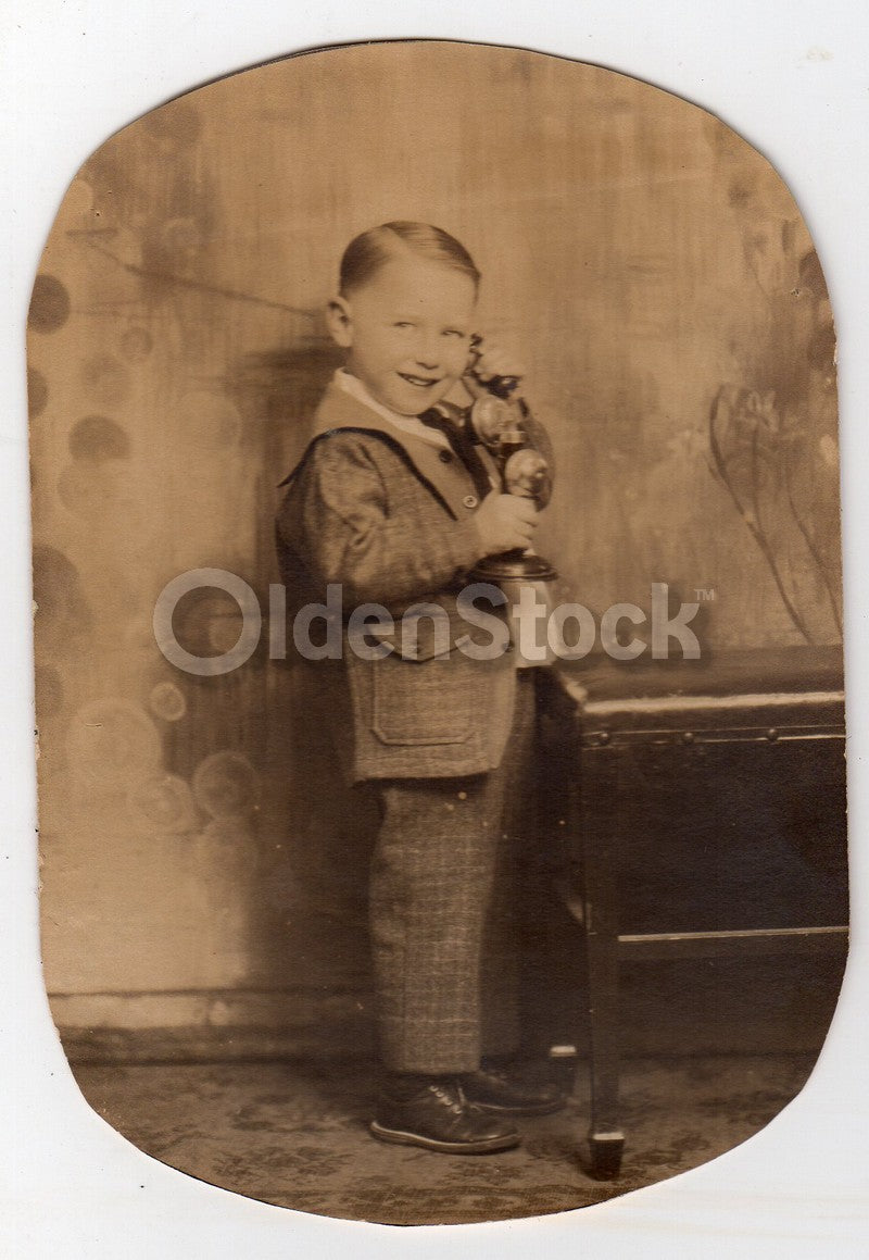 Dapper Little Boy in a Suit Playing on the Telephone Antique Snapshot Photo