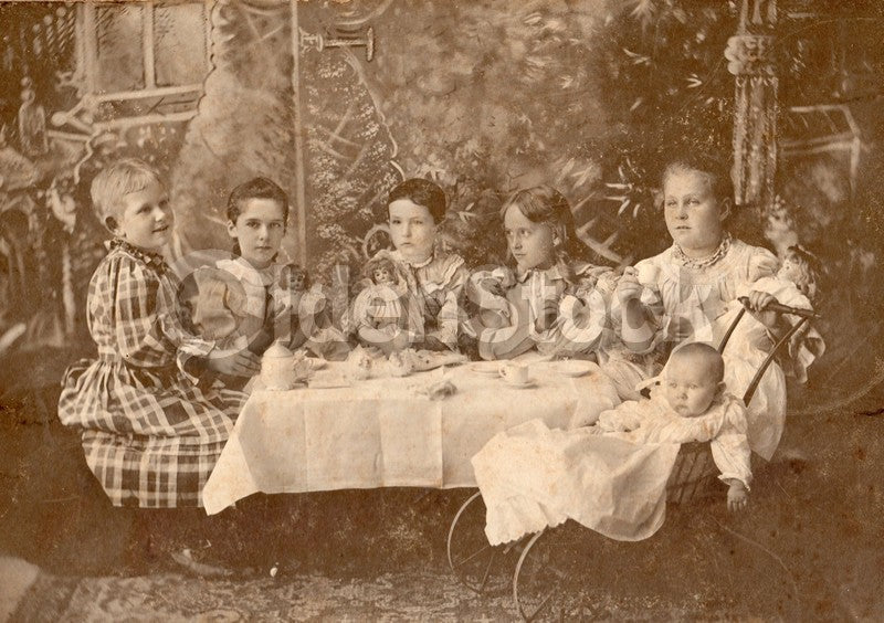 Kansas Victorian Girls Tea Party with Porcelain Dolls large Antique Photo