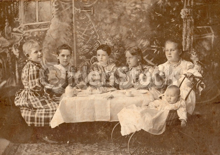 Kansas Victorian Girls Tea Party with Porcelain Dolls large Antique Photo