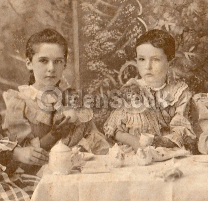 Kansas Victorian Girls Tea Party with Porcelain Dolls large Antique Photo
