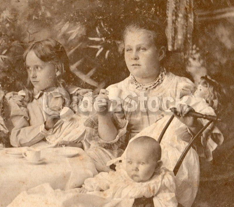 Kansas Victorian Girls Tea Party with Porcelain Dolls large Antique Photo