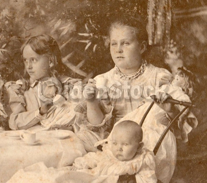 Kansas Victorian Girls Tea Party with Porcelain Dolls large Antique Photo