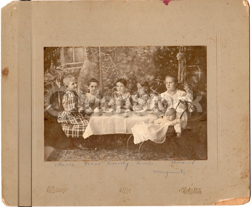 Kansas Victorian Girls Tea Party with Porcelain Dolls large Antique Photo