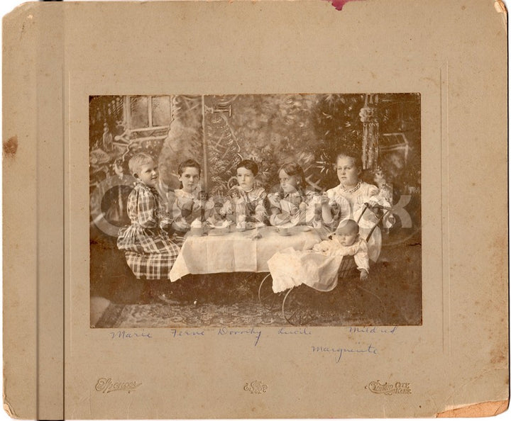 Kansas Victorian Girls Tea Party with Porcelain Dolls large Antique Photo