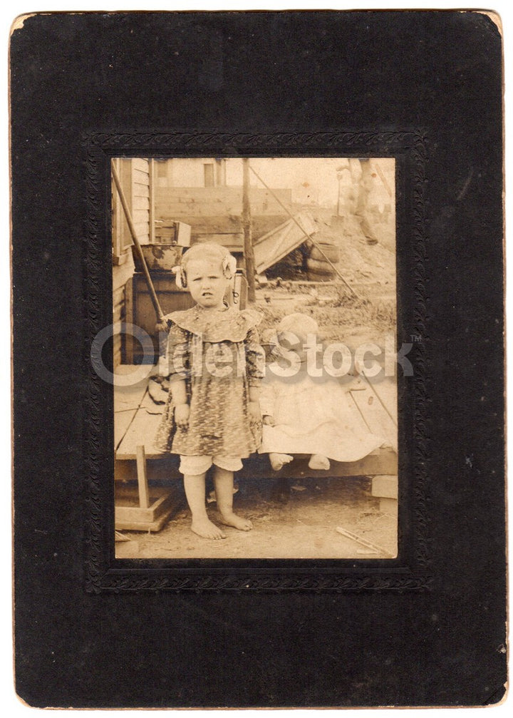 Montoya Girls Darling Kids Playing in Dirt at Home Antique Snapshot Photo on Board