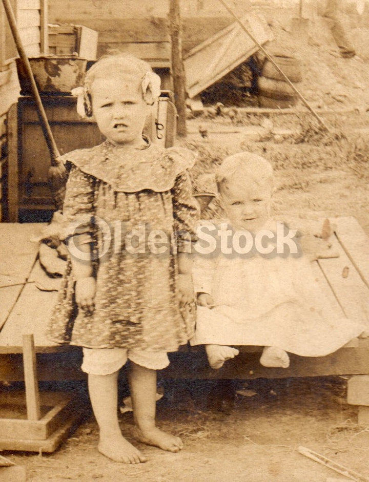Montoya Girls Darling Kids Playing in Dirt at Home Antique Snapshot Photo on Board