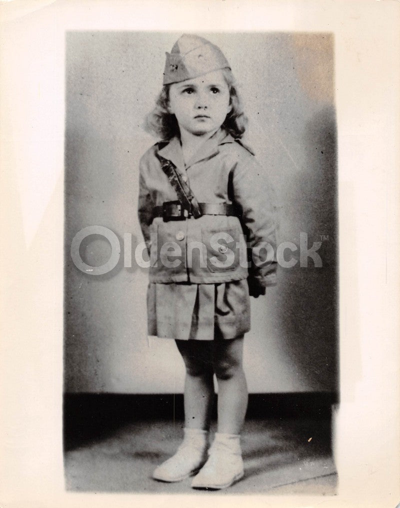 Cute Little Girl in Military Uniform Skirt & Hat Antique News Press Photo