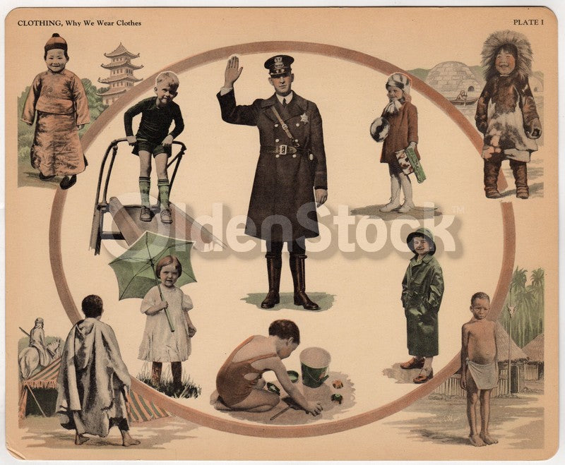 World Clothing Ethnic School Children Policeman Antique Graphic Art Educational Poster Card