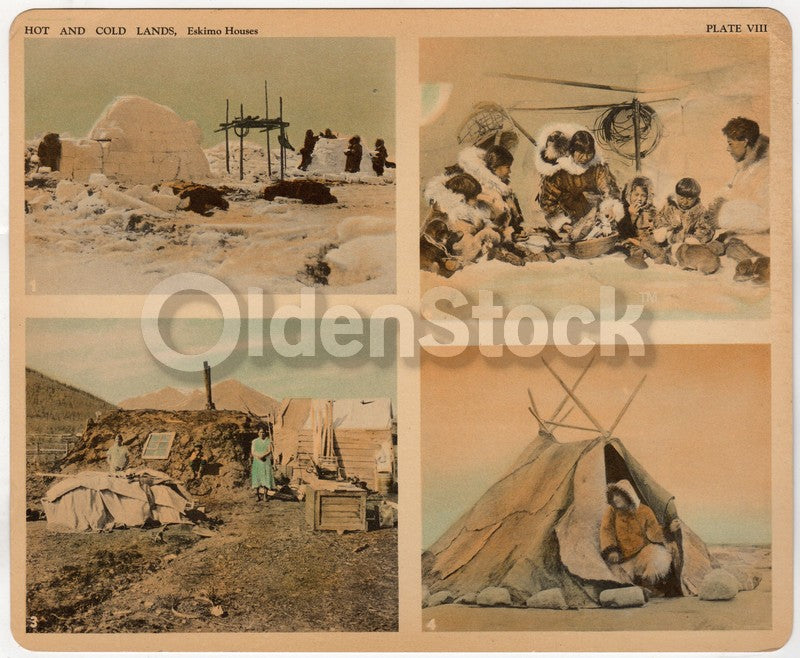 Alaskan Eskimo Houses Antique Ethnographic Art Educational Poster Card 1934