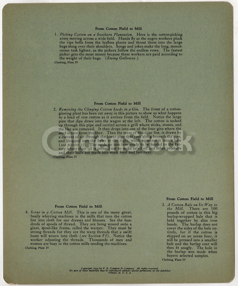 Southern Cotton Picking and Making Antique Graphic Art Educational Poster Card 1934
