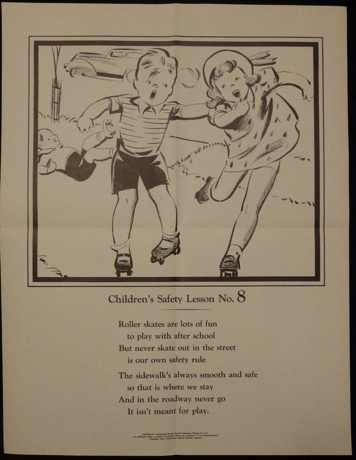 Roller Skating Safety Lumberman's Mutual Insurance Vintage Children's PSA Poster 1938