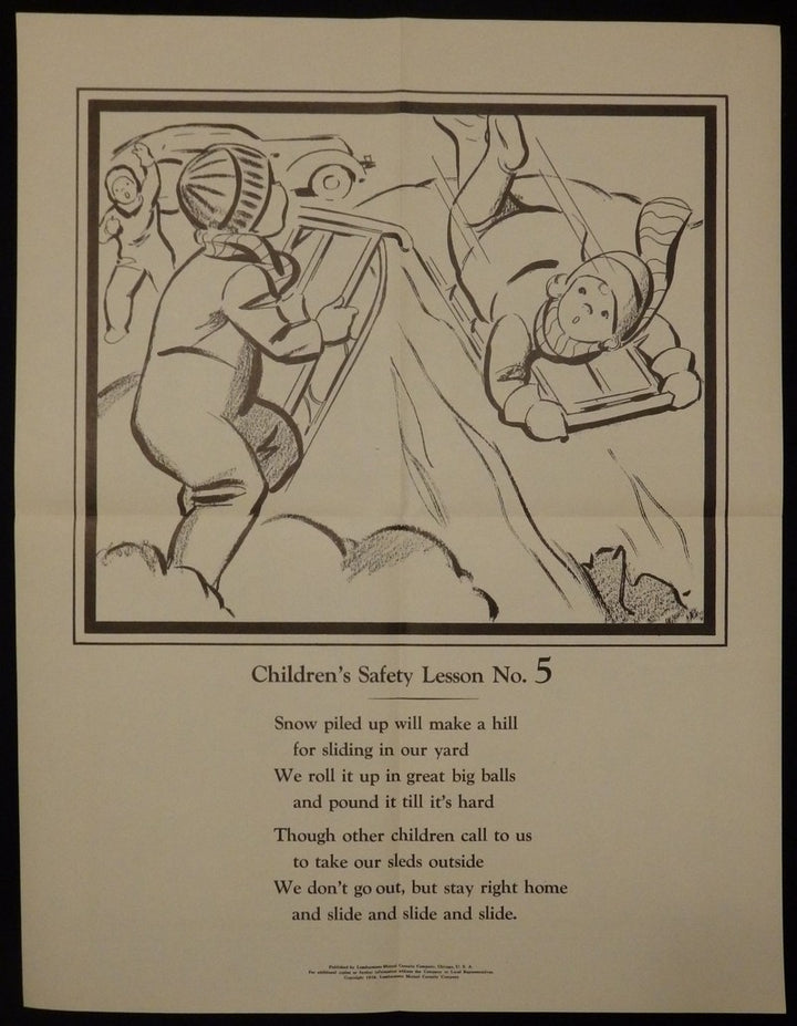 Snow Sledding Safety Lumberman's Mutual Insurance Vintage Children's PSA Poster 1938