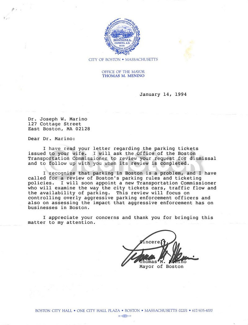 Boston Mayor Thomas Menino Autograph Signed Letter concerning City Par ...